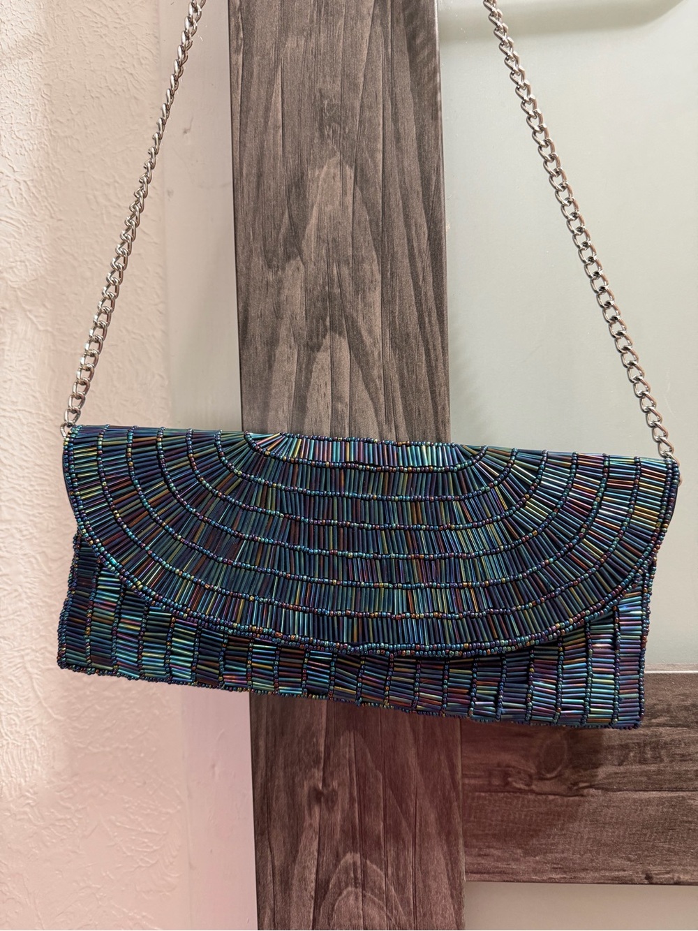 Nina Iridescent Beaded Clutch in Blue-Green